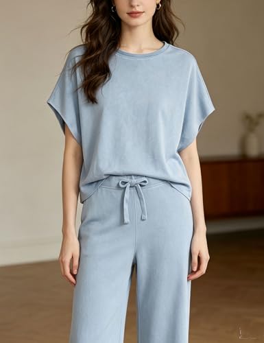 Image of Bozanly 2 Piece Sets for Women Short Sleeve Tops and Capris Loose Matching Pajama Sets Sweatsuits