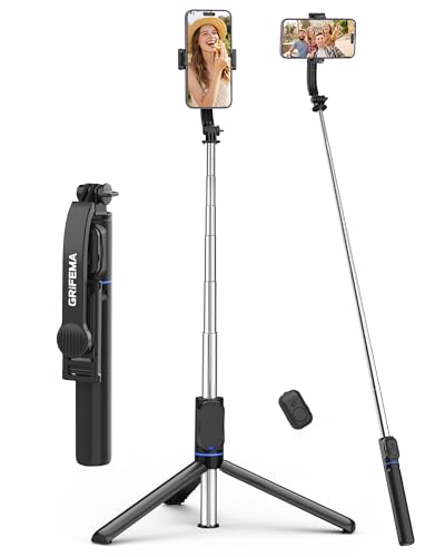 Image of GRIFEMA Selfie Stick Tripod, 107cm Extendable Phone Tripod with Detachable Remote, 360° Rotating Mount for iPhone 17 16 15 14 Pro Max & Android, Portable Selfie Stick for Vlogging