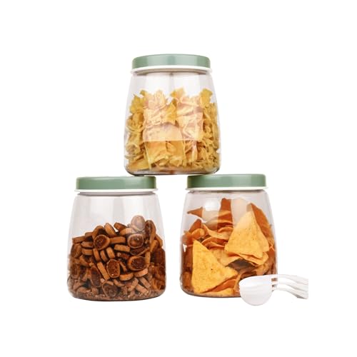 Image of FLAIR Cubics Airtight Food Storage Containers Set of 3 (1500ml each) with Spoons - Green, BPA-Free, PET Plastic Jars, Durable, Space-Saving for Pantry, Snacks, Spices, Grains & More