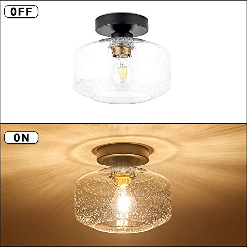Tehenoo Matte Black Ceiling Light Fixture, Testark Ii Upgraded Canopy,Brass Accent Socket, Industrial Semi Flush Mount Ceiling Light With Seedy Glass Shade For Entryway, Hallway #TOP3