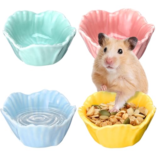 4 Pack Small Ceramic Pet Hamster Bowl, 2.68 x 2.68 x 1.38 Inch Flower Shaped Small Water and Food Bowl Feeder Dish for Guinea Pig Parrots Gerbil Rat Mice Rabbit Chinchilla, Easy to Clean Anti Flipping