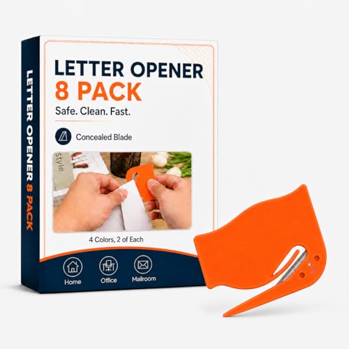 Letter Opener Envelope Slitter 8 Pack, Mail Opener and Envelope Opener with Concealed Blade, Portable Letter Openers for Home Office Mailroom Travel, 4 Colors, 2 Each