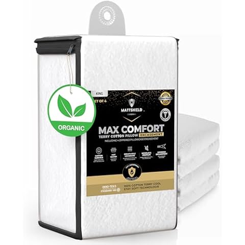 4 Pack - Organic Cotton Pillow Protectors with Zipper King Size - Waterproof and Skin-Friendly Terry Cotton Pillow Covers - 100% Cotton Top Pillow Protector (King) Cover