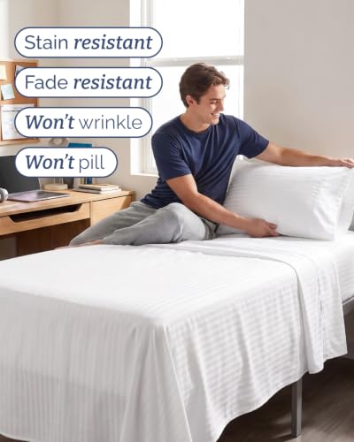 Image of Twin 4 Piece Bed Sheet Set - Breathable & Cooling Sheets - Striped White