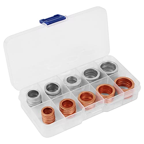 100pcs Oil Drain Plug Crush Washer Assortment Kit 10mm 12mm 14mm 16mm 18mm - 50 Copper 50 Aluminum Universal Fit for Honda/Toyota/Nissan/Subaru/BMW/Mazda Car Motorcycle by AUTOMAJOR