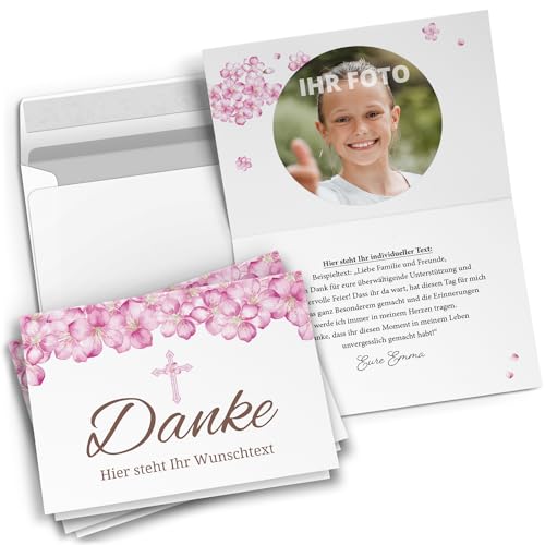 10 personalisierte Dankeskarten mit Text und Foto - Danke Kirschblüten - Dankeskarte Kommunion Konfirmation Taufe Hochzeit kirchlich mit Umschlägen selbst gestalten