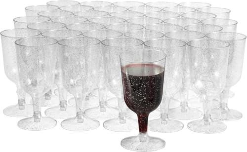 MATANA 50 Clear Hard Plastic Wine Glasses with Silver Glitter (180ml) - Sturdy & Reusable Glasses for Cocktails, Dessert - Birthdays, Weddings, Christmas, BBQ, Picnic, Parties