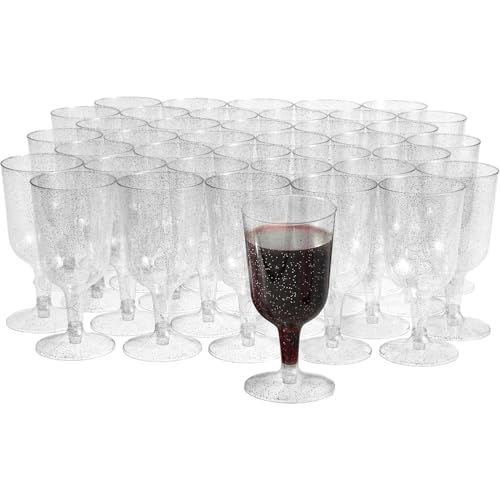 MATANA 50 Elegant Clear Hard Plastic Wine Glasses with Silver Glitter (6 oz) - Sturdy & Reusable Glasses for Cocktails, Dessert - Birthdays, Weddings,