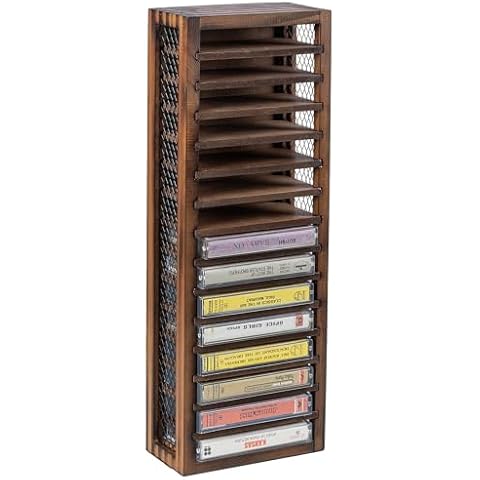 FARM IN Cassette Tape Storage, Farmhouse Style Cassette Rack Tower, Single-Sided 16-Slot, Rustic Solid Burnt Wood & Diamond Metal Wire Mesh Cover