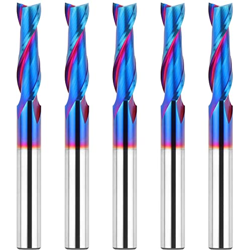 Eanosic 5Pcs Upcut Spiral Router Bits 1/4" Shank, 1/4" Cutting Diameter Solid Carbide With Naco Nano Blue Coating Cnc Router Bits End Mill For Wood Cut, Carving, Edge Trimming #TOP8
