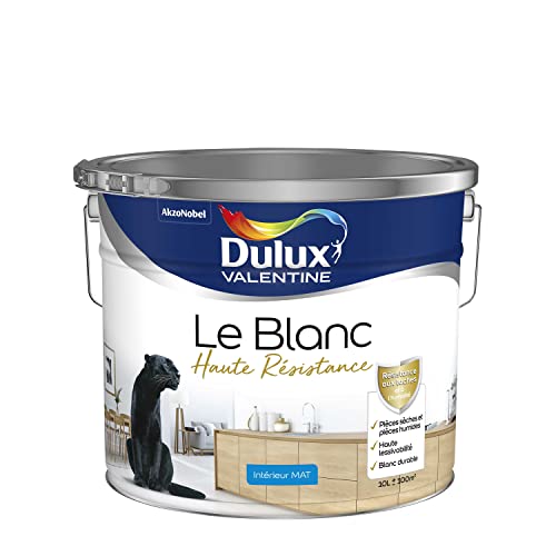 Dulux Valentine Le Blanc Haute Resistance - Peinture Intérieure Murs, Plafonds et Boiseries - Pièces sèches et humides - Mat Blanc 10 L