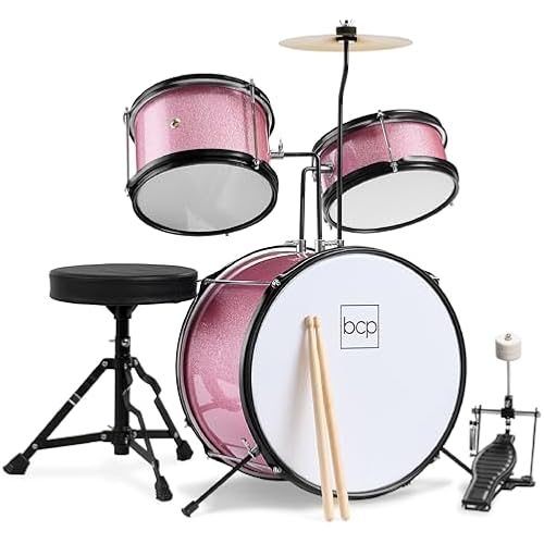 Best Choice Products 3-Piece Beginner Drum Set for Kids Juniors, w/Throne Stool, Cymbal, Drum Sticks, Bass Drum Pedal, 2 Toms - Pink Sparkle