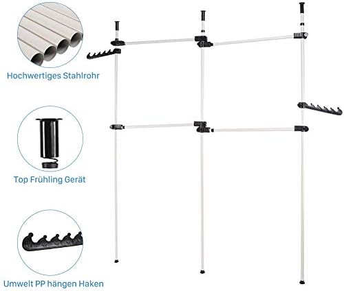 Heavy Duty Clothes Rack, Telescopic Coat Hanger Wardrobe Organiser, Hanging Rail, Garment Rack, Stainless Steel Poles and Bars, 60kg Loading per Horizontal Bar, Height Adjustable (3 Poles 4 Bars)