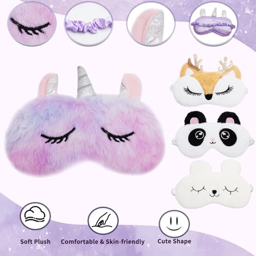 TMZELOA 4 Stück Schlafmaske Kinder, Schlafmaske Mädchen, Ultraweich Schlafmaskes Kinder Mädchen Schlafmaskes Lustig Plüsch Augenbinde Augenmaske Tier Weich Bequem für Kindergeschenke Nickerchen Reisen