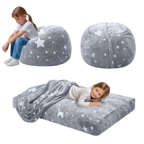 Kids Bean Bag Chair Bed, Convertible Floor Mattress with Filler, Faux Fur Stuffed Sofa for Girls Boys, Machine Washable (Grey)