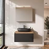 Planetmöbel Arisa Badmöbel Set Waschtisch mit Unterschrank 80 cm Gold Eiche schwarz mit ARIA Spiegelschrank, Waschbecken 60 cm schwarz, inkl. Raumsparsiphon