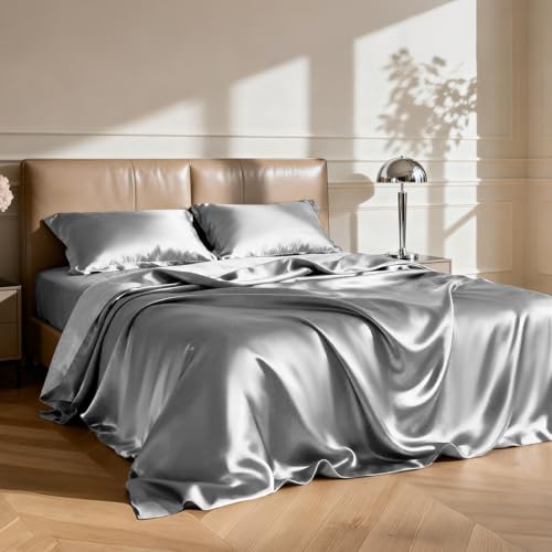 Love's cabin Satin Queen Sheets Set - 4 Piece Dark Grey Silky Bed Sheets with Deep Pocket, Luxury Silk Feel Satin Queen Size Sheet Set (1 Flat Sheet,1 Fitted Sheet,2 Pillow Cases) by Love's cabin - Image 2