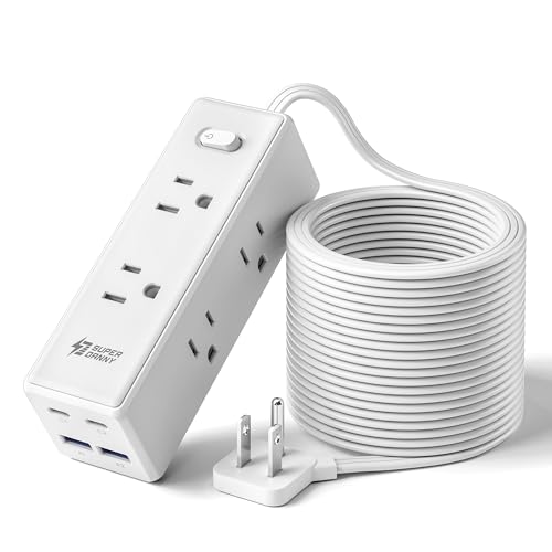 15 Ft Extension Cord with Multiple Outlets Long Extension with 6 Outlets 4 USB Ports(2 USB C) Flat Plug Surge Protector Power Strip for Home Office Supplies Dorm Essentials