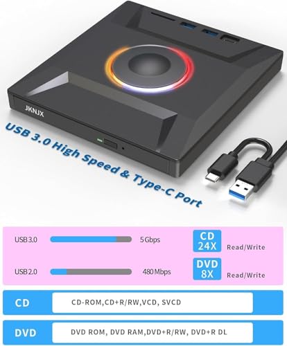 Image of External CD DVD Drive,7 in 1 USB 3.0 and Type-C CD Burner Player Writer with 2 USB Ports and 1 TF /SD Card Slots,Portable Slim Optical Disk Driver for Laptop Mac PC Windows Linux OS