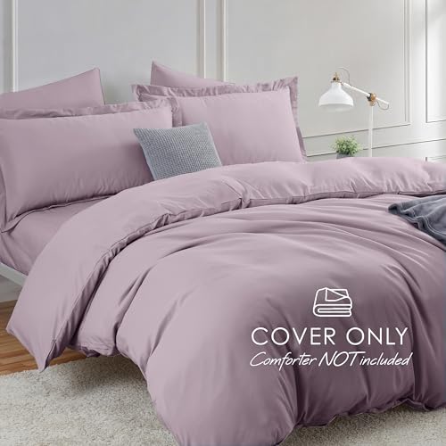 Image of Hearth & Harbor Dusty Purple Duvet Cover with Fitted Sheet Queen Size | 4 Piece Soft Double Brushed Bedding Set, Button Closure, 1 Duvet Cover 90x90 Inches, 1 Fitted Sheet, 2 Pillow Shams