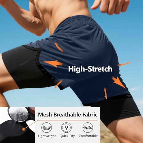 Men's 2 In1 Gym Shorts,5 inch Quick Dry Men Running Shorts, Athletic Workout Shorts with Liner and Towel Loop3