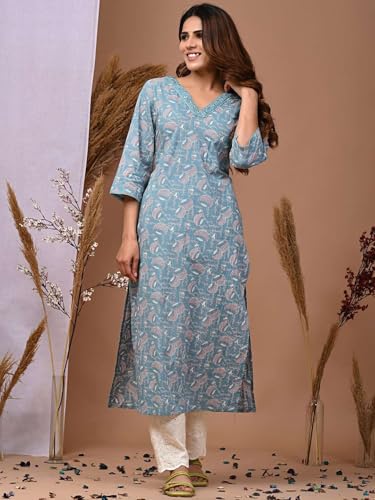 Image of Rimeline Women's Cotton Printed Kurta with Embroidered V-Neck Detail | Straight Fit Ethnic Wear for Casual, Office & Daily Use