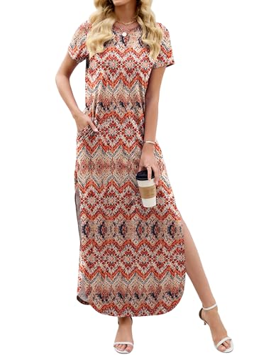 Image of Heymoments Womens Summer Maxi Dress Short Sleeve Casual Loose Long T Shirt Split Vacation Beach Sundress with Pockets