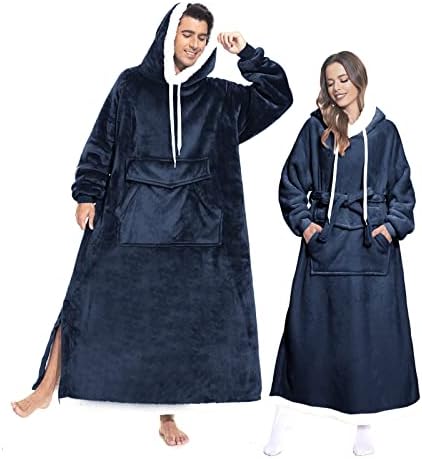 MILDLY Wearable Blanket Sweatshirt 1PCS Super Warm and Cozy Long Blanket Hoodie Gift for 5'5''-5'9'' Tall Women and Men, Thick Flannel Navy Blue Blanket with Sleeves and Giant Pocket