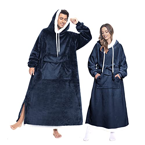 Mildly Wearable Blanket Sweatshirt 1Pcs Super Warm And Cozy Long Blanket Hoodie Gift For 5'5''-5'9'' Tall Women And Men, Thick Flannel Navy Blue Blanket With Sleeves And Giant Pocket #TOP15
