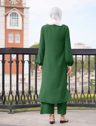 Image of IDOPIP Abaya Dress for Women Muslim Set Long Sleeve Chiffon Islamic Dress Shirt with Pants 2PCS Dubai Prayer Casual Clothes