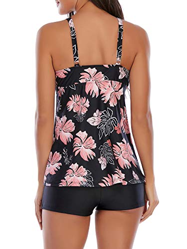Tankini Swimsuits For Women Two Piece Bathing Suits Floral Print Tank Top With Boyshorts Tummy Control Swimming Suits Pink Print 12-14 #TOP4