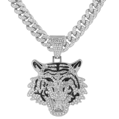GuoShuang Cuban Link Necklace with Tiger Eye Pendant