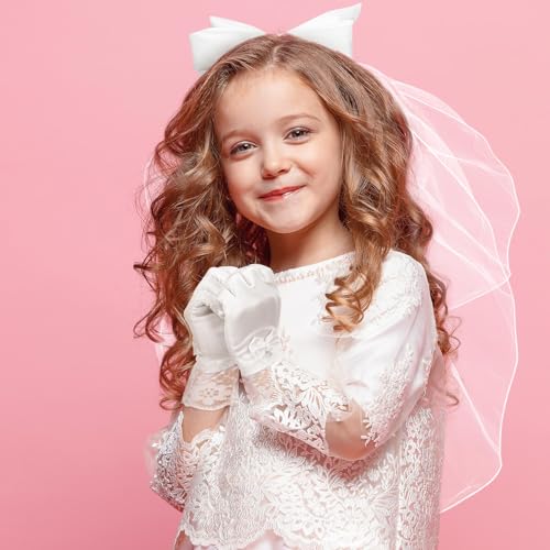 Geyoga 2 Pcs Halloween White Veil and Gloves Set First Communion Accessories for Kids Wedding Party Costume2