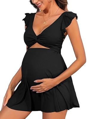 Charmo Ruffle Maternity Swimwear – Twisted Cutout Pregnancy Swimsuit, Black, Size L