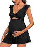 Charmo Ruffle Ribbed Maternity Swimsuit One Piece Cutout Pregnancy Bathing Suits Push Up Twisted Swimwear Swim Dress Black XL