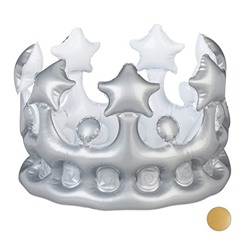 Relaxdays 10024254_55 Couronne Gonflable, Accessoire pour Costume, Carnaval Déguisement Princesse Roi Anniversaire, Diff. Couleurs, PVC sans BPA, Argenté, 16...