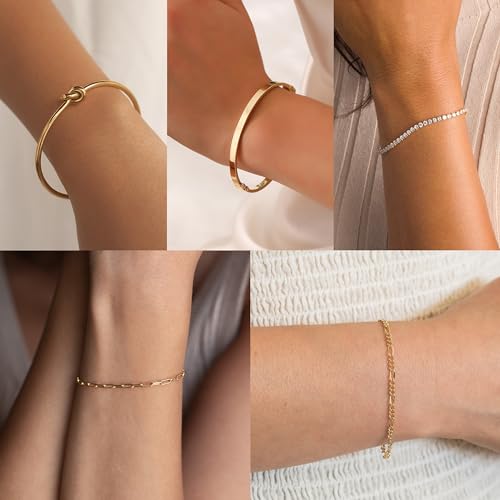 Gold Bracelet for Women Stack 14K Real Gold Plated Bangle Cuff Bracelet Set Gold Beaded Tennis Paperclip Cuban Link Chain Bracelets for Women Trendy Non Tarinish4