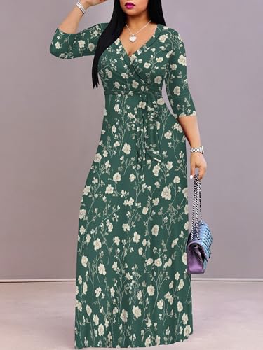 Image of SUZONANA Plus Size Dresses for Women Floral Print Maxi Dress Flowy 3 /4 Sleeve with Belt