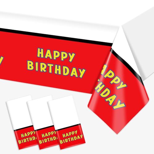 Vanulus 3Pcs Cartoon Animation Birthday Disposable Tablecloth Red White Waterproof Rectangular Table Cloths Happy Birthday Dinner Table Covers for Kids Boys 54" x 108" Party Decorations