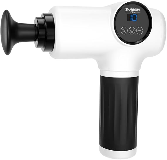 SPA SCIENCES - SmartGun Elite Therapeutic Deep Tissue Percussion Massager for Muscle Soreness - with Interchangeable Heads, 10 Intensity Levels and Smart Comfort Pulse USB Rechargeable