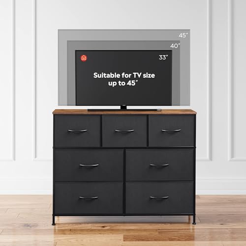 WLIVE 7 Drawer Dresser TV Stand, Entertainment Center, Media Console Table with Metal Frame and Wood Top for TV up to 45 inch, Chest of Drawers for Bedroom, Living Room, Black and Rustic Brown by WLIVE - Used condition - Image 5