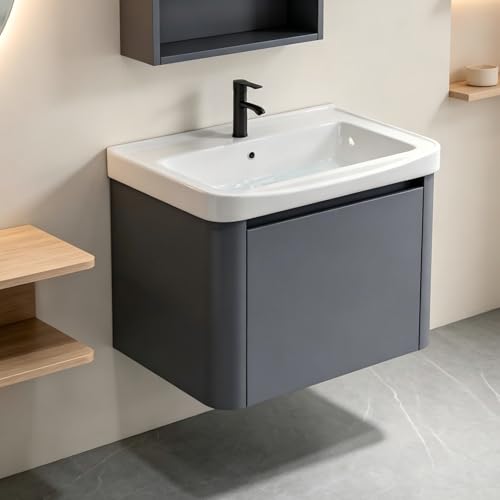 20-inch Wall-Mounted Floating Bathroom Vanity Set with Integrated Ceramic Sink, Modern Compact Bathroom Vanity, 20-inch Vanity Designed Specifically for Small Bathrooms and Apartments (Curved Gray)