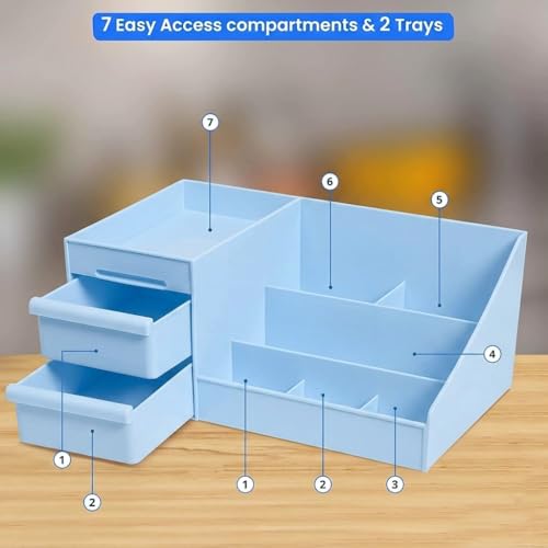 Image of INOVERA Makeup Organizer with Drawers | Countertop Cosmetics Display Case for Dressing Table | Vanity storage Holder Box (Blue)
