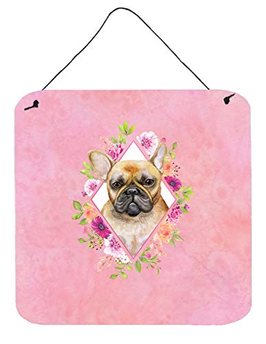 Caroline's Treasures CK4144DS66 Fawn French Bulldog Pink Flowers Wall or Door Hanging Prints Aluminum Metal Sign Kitchen Wall Bar Bathroom Plaque Home Decor, 6x6, Multicolor