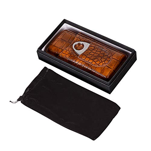 Classy Crocodile Pattern Leather Travel Cigar Case,3 Tube Travel Humidor, Portable Cigar case,Included Stainless Steel Cigar Cutter (Brown&RED) Great Gift Kit (Brown)…