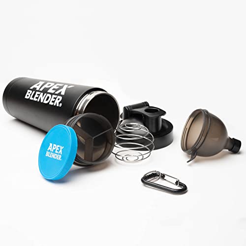 Apex Blender Protein Shaker Bottle 750ml Stainless Steel with Powder Funnel, Storage & Clump-Free Mixer Ball - Leak-Proof BPA-Free Perfect for Pre-Workout Post-Workout & Sports Supplements - Black