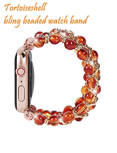 Ftwind Apple Watch Band Women Beaded Bracelet Compatible Iphone 38/44/42/40/41/45Mm Bling Tortoise Fashion Charms Fancy Replacement Glitter Iwatch Strap Series 42 6 #TOP1