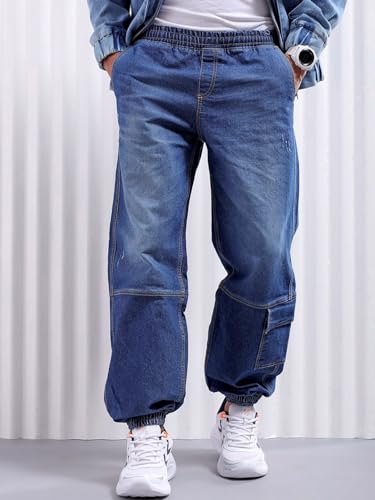 Image of The Indian Garage Co Men Loose Fit Solid Mid-Rise Stretchable Denim Joggers