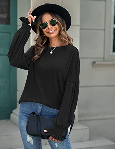 Merokeety Women's 2023 Causal Long Balloon Sleeve Shirts Tops Crewneck Smocked Cuffs Loose Blouse, Black, L #TOP3