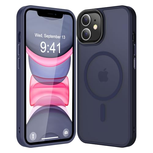 CHEZEAL Strong Magnetic for iPhone 11 Case Compatible with Magsafe, [13FT Drop Resistant] Translucent Matte Skin Feeling Back, Aluminum Alloy Keys Shockproof Phone Case, Deep Blue